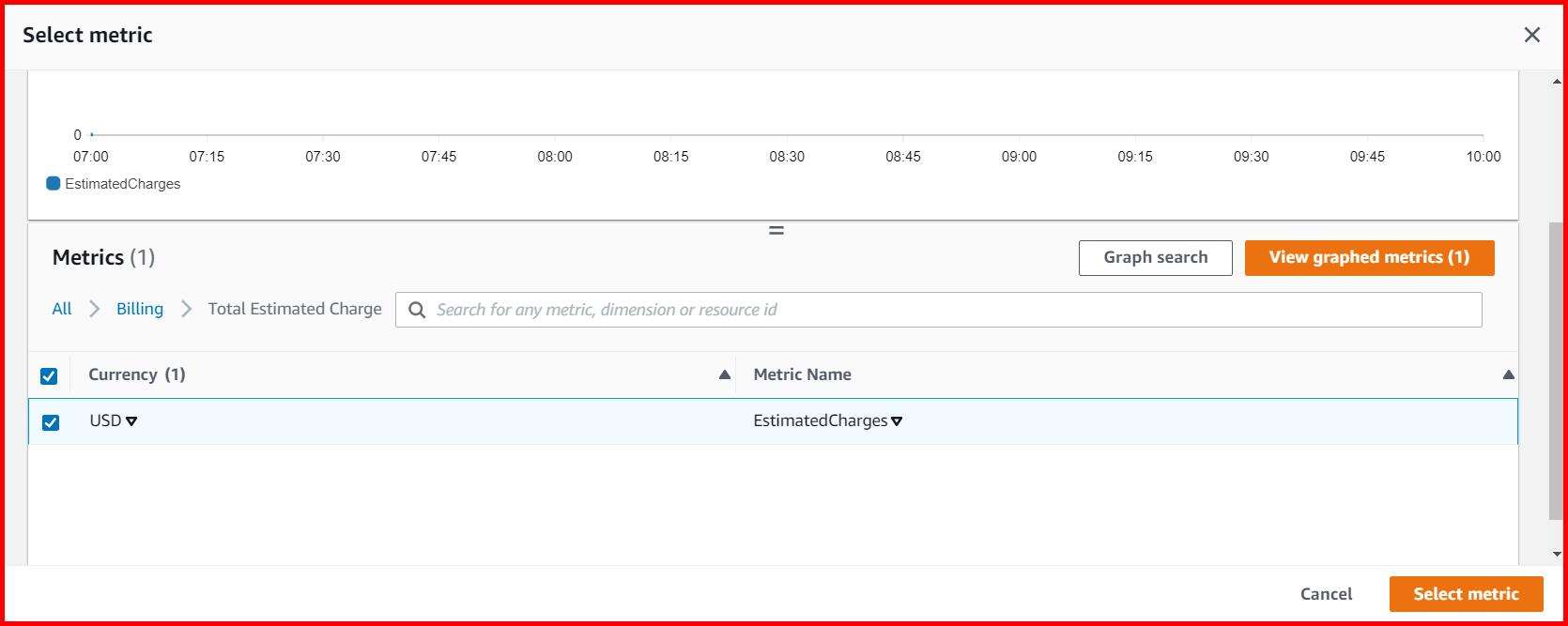 Picture showing selecting USD as currency in the select metrics screen